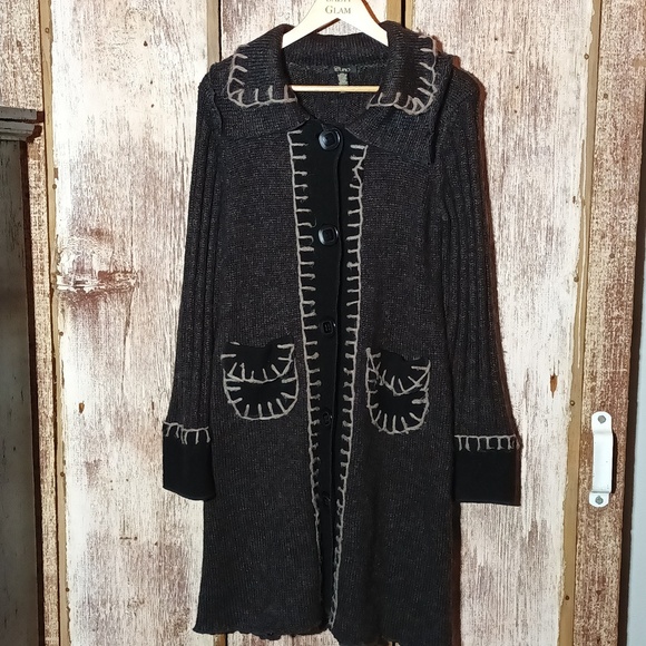 Rare Cupio duster cardigan wool blend Y2K large buttons ruffles mixed media M - Picture 1 of 10